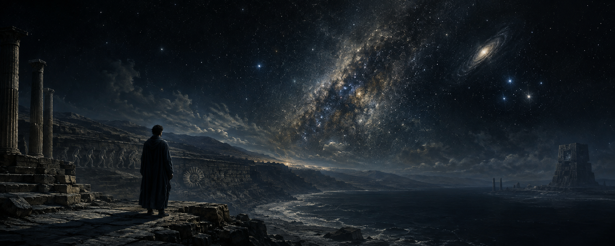 A solitary figure stands among ancient ruins and geological strata beneath a vast star-filled sky, with distant strange monoliths suggesting the intellectual ancestry of Lovecraft's cosmicism.