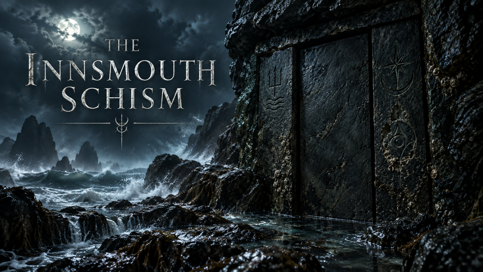 Moonlit Devil Reef stone door carved with symbols of the sea, stars and a third forbidden sigil.