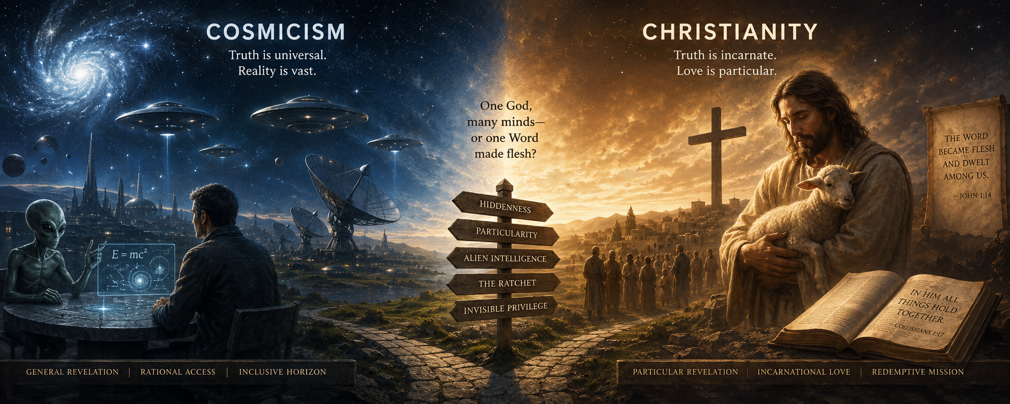 The immensity of the cosmos contrasted with the Christian image of Calvary and the Crucifixion