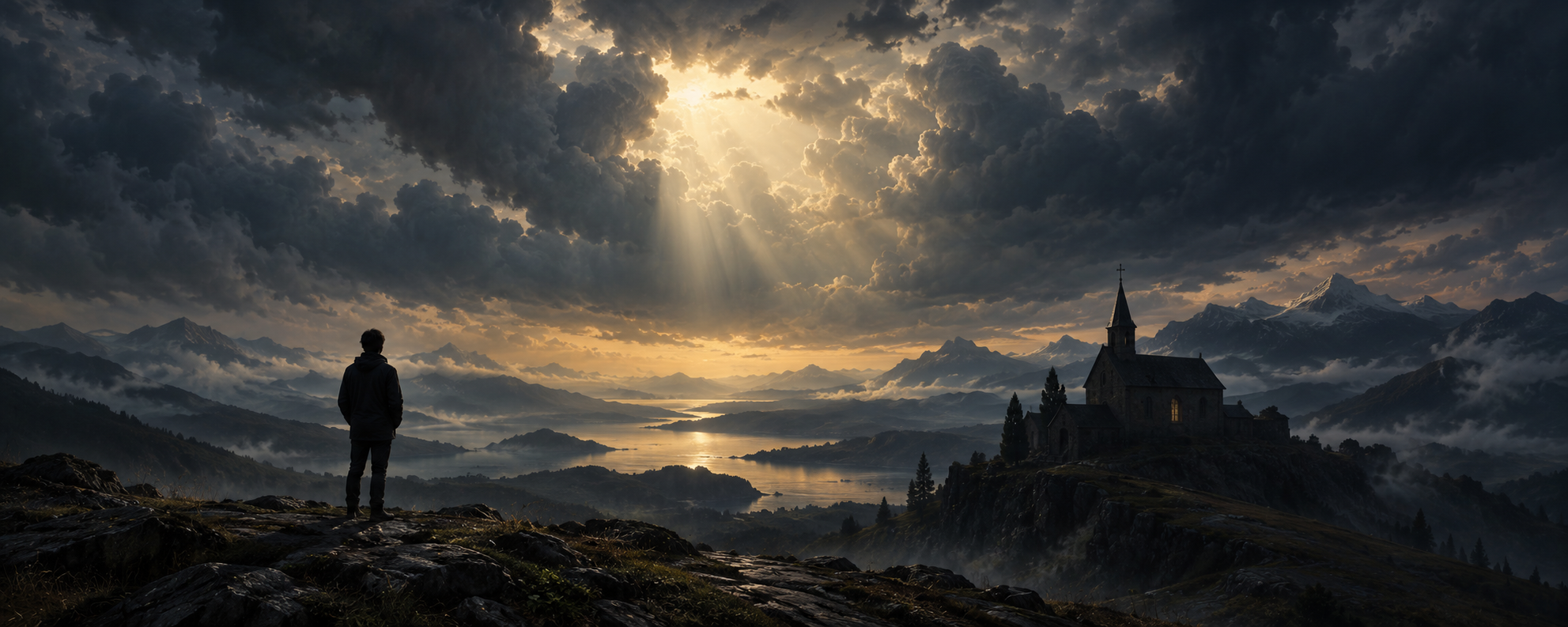 A solitary figure faces a distant chapel beneath immense clouds broken by an ambiguous shaft of light