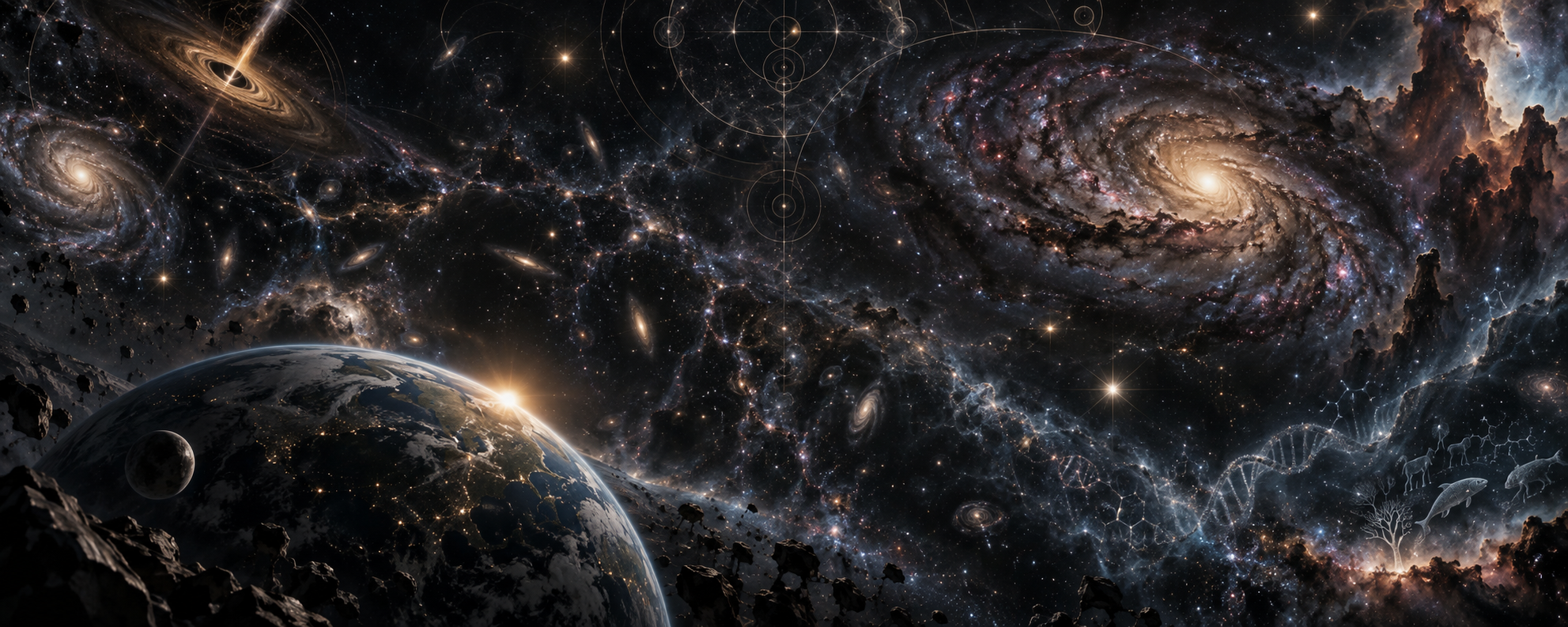 A vast ordered cosmos above a tiny inhabited world, with subtle geometric and evolutionary motifs