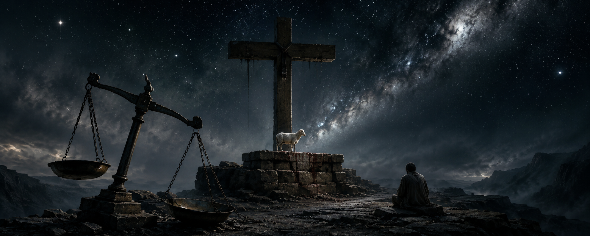 Broken scales of justice, a sacrificial lamb and a cross beneath a star-filled sky
