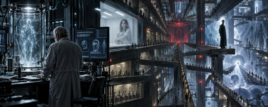 A scientist in a dark laboratory overlooking an impossible recursive prison of simulated consciousness.