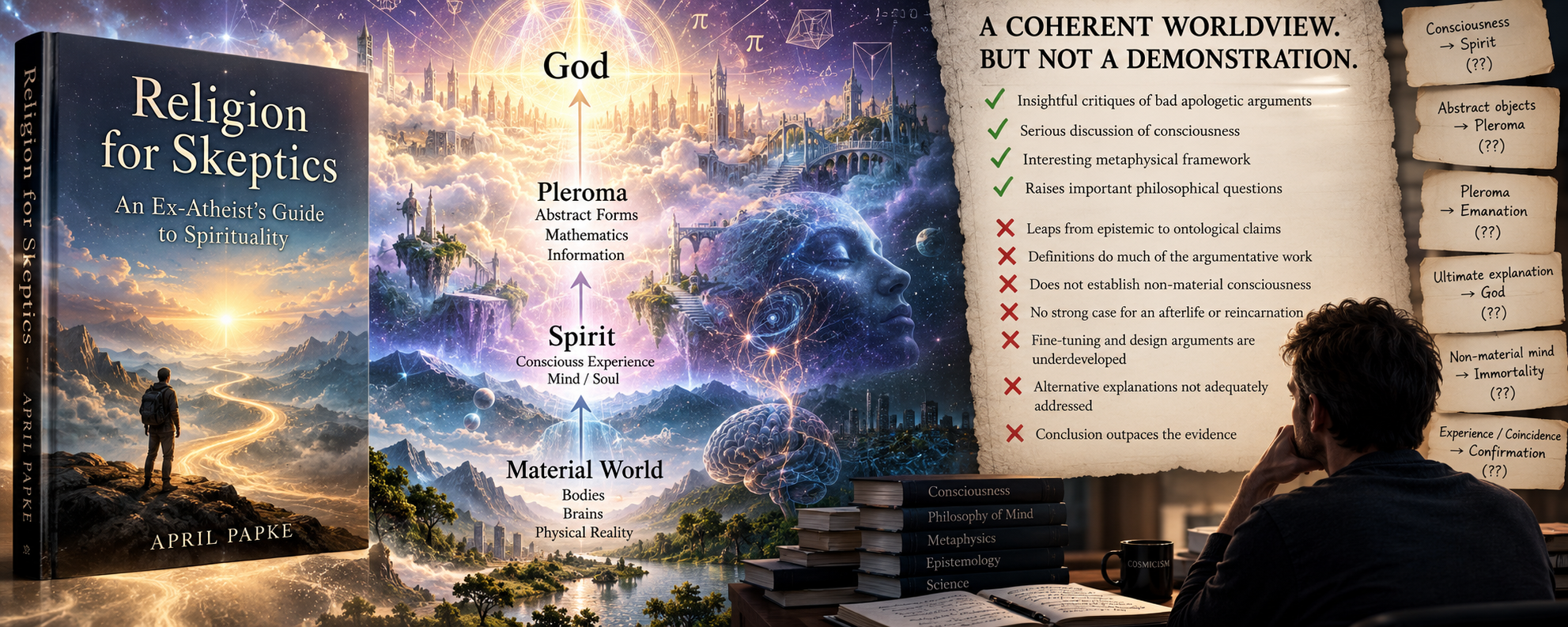 April Papke's Religion for Skeptics beside a layered mystical cosmology and a critical philosophical ledger questioning the steps from consciousness to spirit, Pleroma and God.