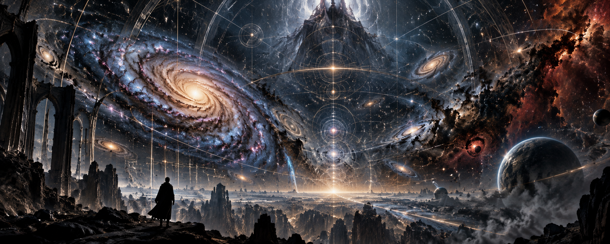 A solitary observer beneath a vast architectonic cosmos of galaxies, planets and geometric structures