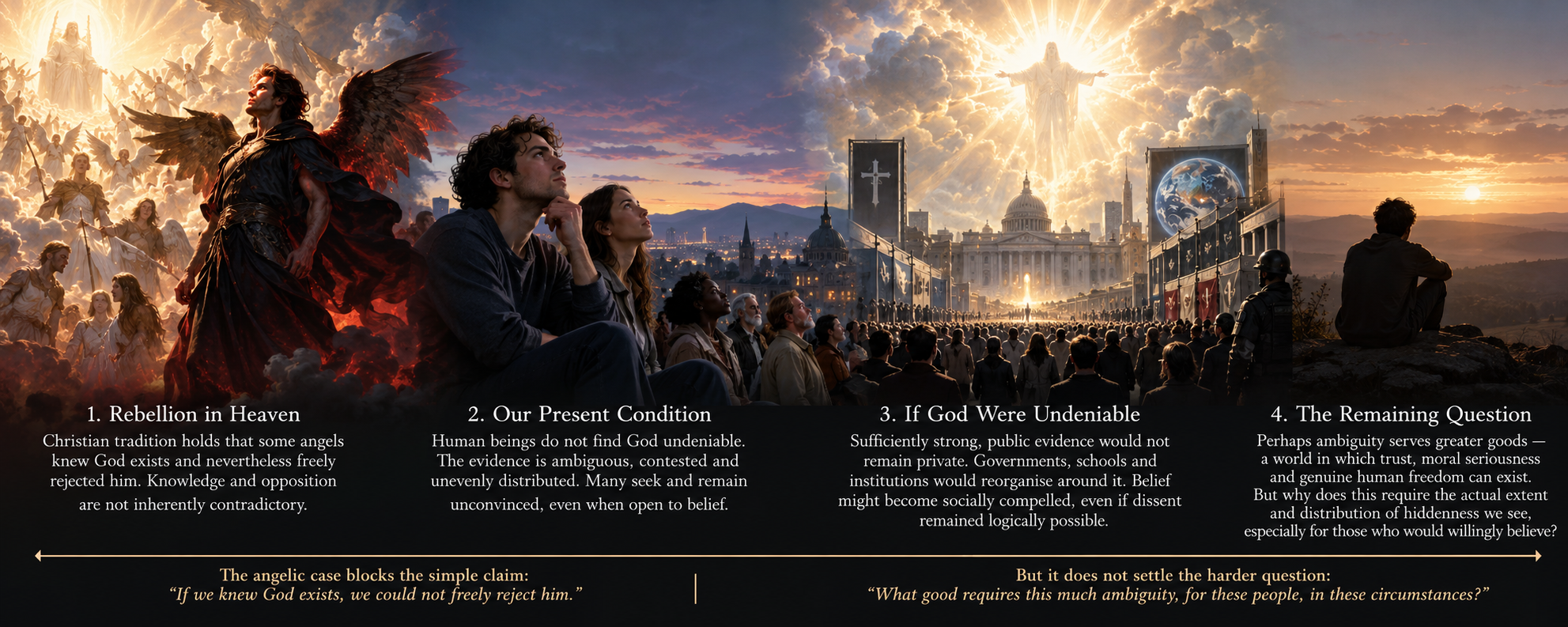 A panoramic vision of angelic rebellion, human uncertainty, public divine certainty and the social pressure created by universally acknowledged revelation