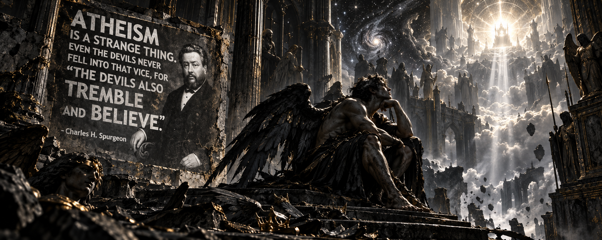 A fallen angel broods beneath a celestial throne beside a weathered version of the Spurgeon atheism meme
