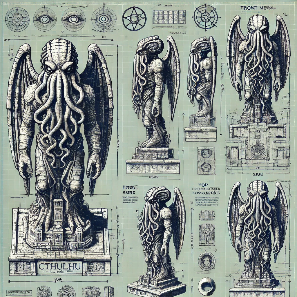 Preliminary engineering drawing for the proposed Cthulhu statue, showing front, side and top views, dimensions and plinth details